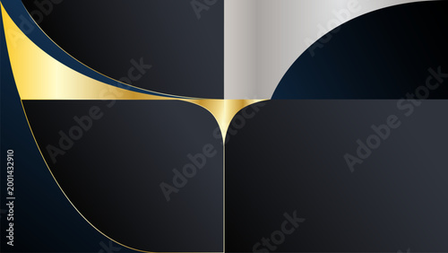 A sophisticated abstract design featuring flowing gold and navy blue curves against a dark backdrop. Modern and luxurious.
