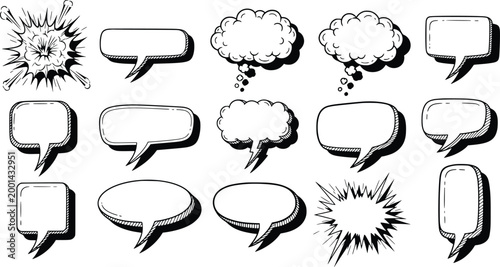 Set of diverse comic speech and thought bubbles with explosion effects in black and white