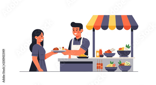 Vibrant illustration of a street food vendor serving a happy customer a freshly prepared meal from a colorful outdoor stall, capturing a delightful culinary experience