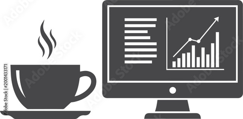 Computer monitor displaying financial chart and steaming coffee cup