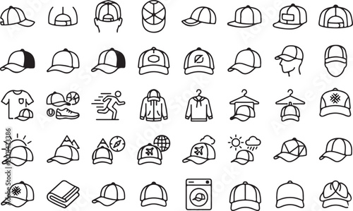 Baseball cap icon set, 40 headwear line icons including snapback and trucker hats, apparel and fashion accessory vector collection for retail