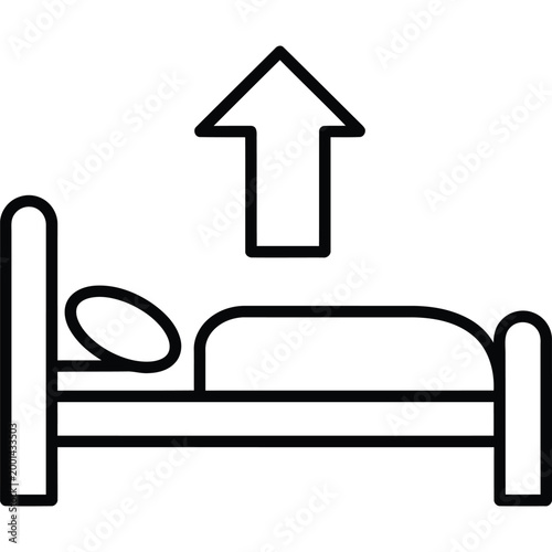 Vector outline icon of a person getting out of bed with an upward arrow, symbolizing awakening, the start of a new day, morning routines, or a successful health recovery