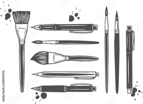 Set of hand-drawn artist paintbrushes and writing pens