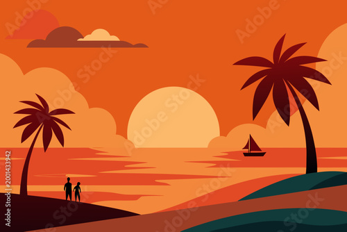 Sunset Beach Silhouette Warm Tone Minimal Vector Illustration