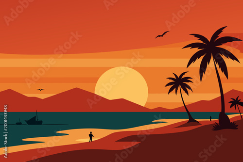 Sunset Beach Silhouette Warm Tone Minimal Vector Illustration