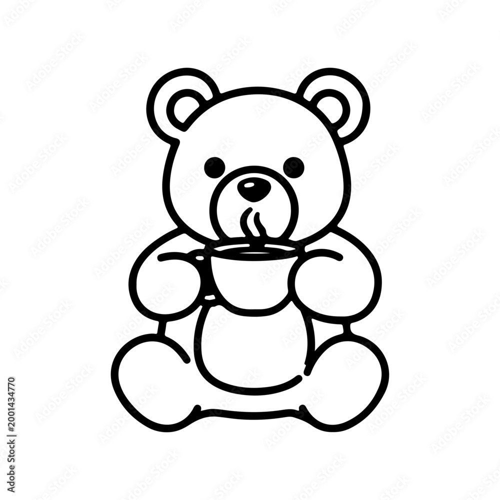 Fototapeta premium Outline of a cute bear drinking tea from cup thick line design Vector illustration