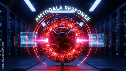 The amygdala response triggers a brain reaction in a futuristic server room environment with a mysterious red glowing orb.