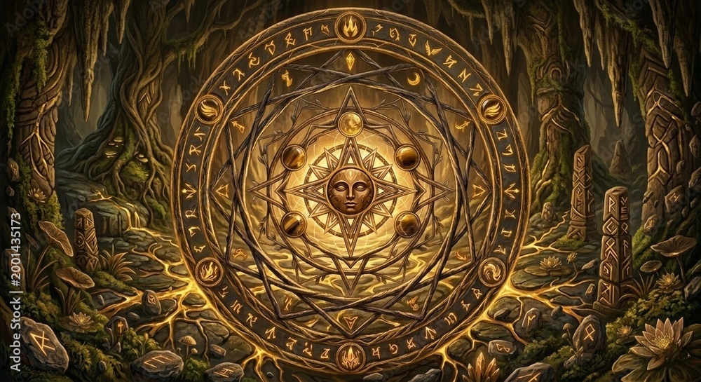 Obraz premium Earth Magic Circle in Cave, Golden Brown Arcane Symbol