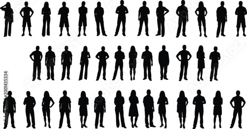 Large collection of diverse people silhouettes standing in various casual and professional poses, versatile vector set of men and women for commercial web and graphic design projects.