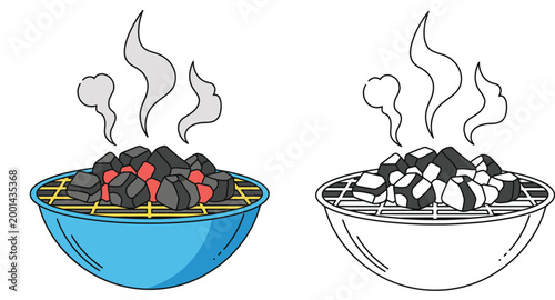 Vector set of charcoal BBQ grill with burning hot coals and rising smoke for outdoor picnic and summer barbecue concepts, including colored and line art versions isolated on white.