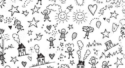 Seamless doodle background with houses, stick figures, sun, and hearts in sketch style.