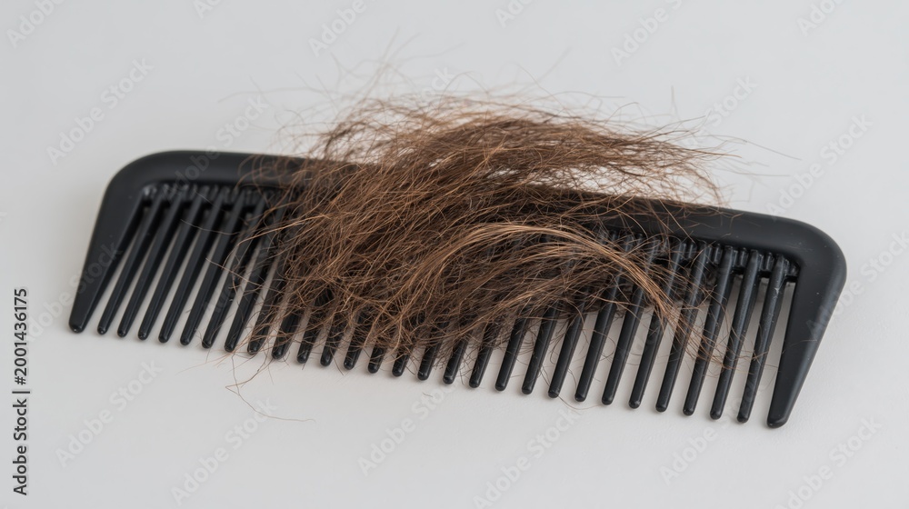 Obraz premium A black plastic comb with trapped brown hair strands isolated on a stark white surface for a minimalist look.