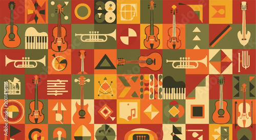 Musical instruments patterned illustration guitars violins trumpets and piano keys