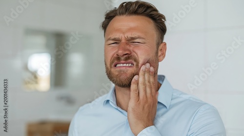 Close-up portrait of a distressed man suffering from severe facial pain or toothache in a modern tiled bathroom setting.