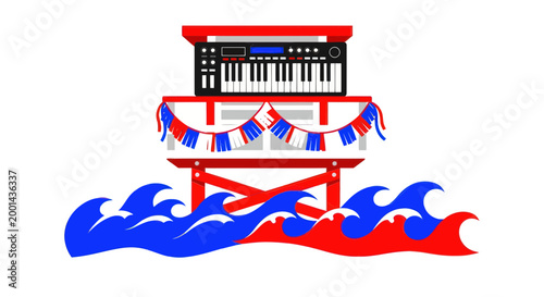 Japanese torii gate, keyboard instrument, red blue waves, patriotic bunting, vector icon