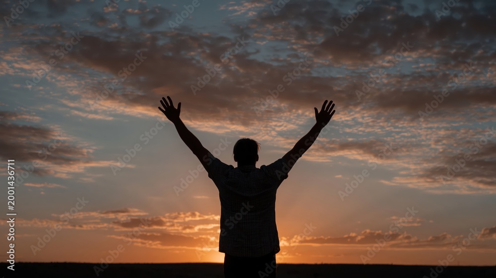 Fototapeta premium Silhouette of a person with raised hands against a vibrant sunrise sky, symbolizing worship, faith, and spiritual connection.