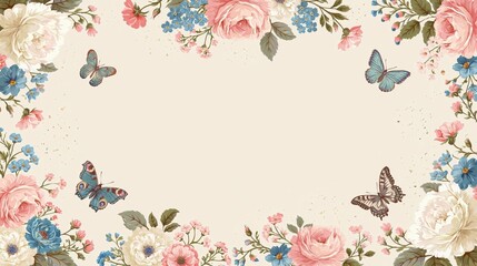 Pastel floral butterfly garden background featuring delicate flowers and butterflies with a blank central space for invitation text.
