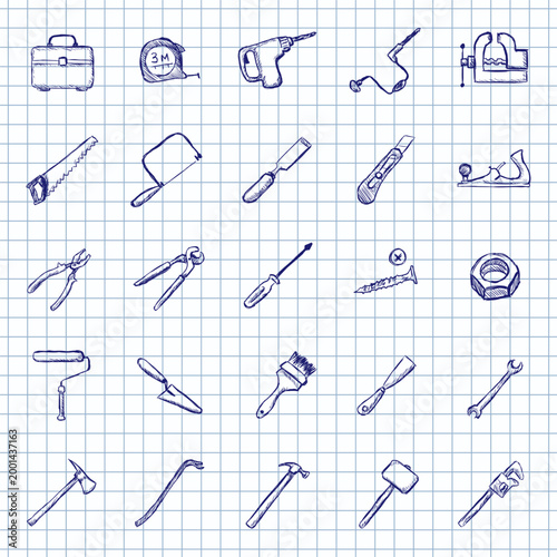 Blue Ink Sketch Icons Set of Worktools