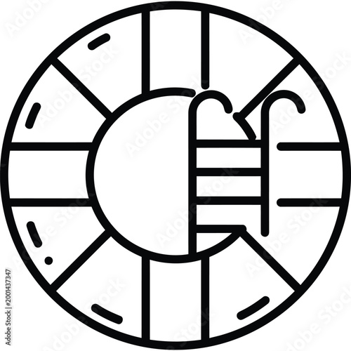 Black and white illustration of a circular object with sections