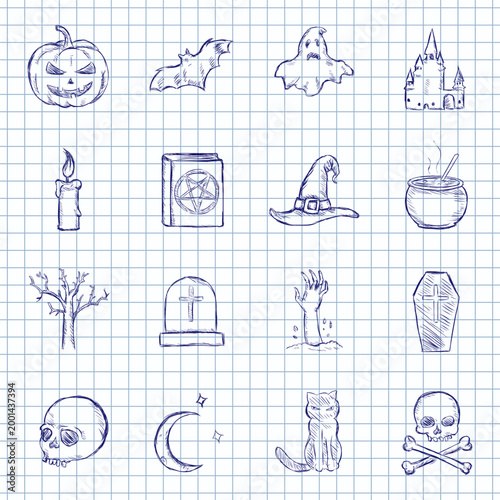 Blue Ink Sketch Set of Halloween Icons