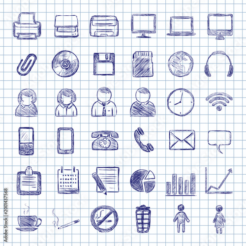 Blue Ink Sketch Set of Office Work Icons
