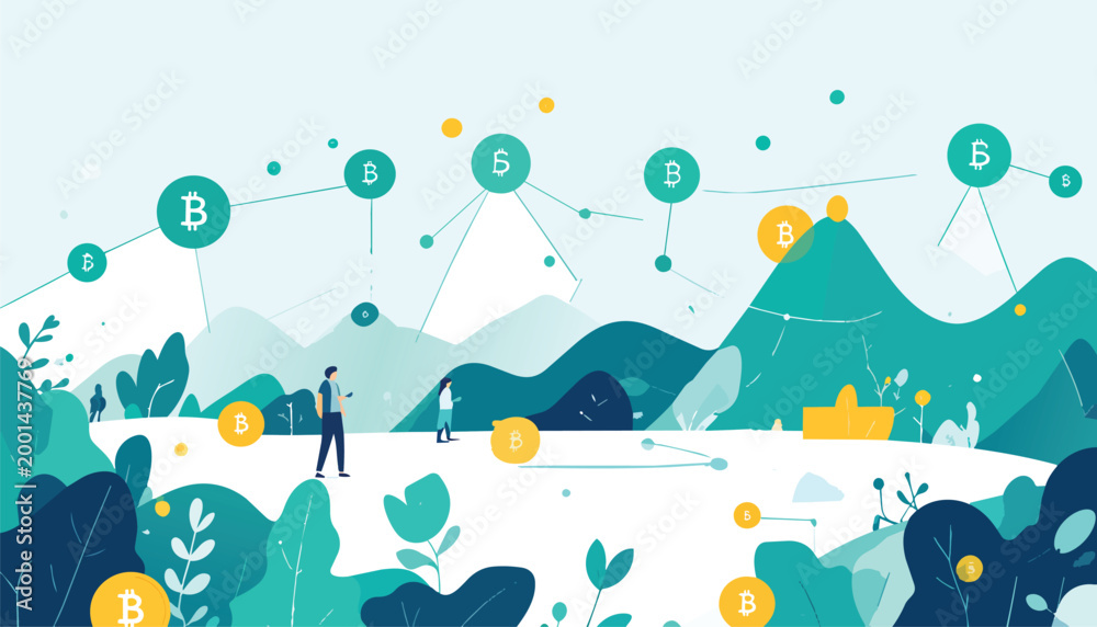 Naklejka premium Blockchain Network Technology Flat Vector Illustration with Mountain Landscape and Connected Nodes