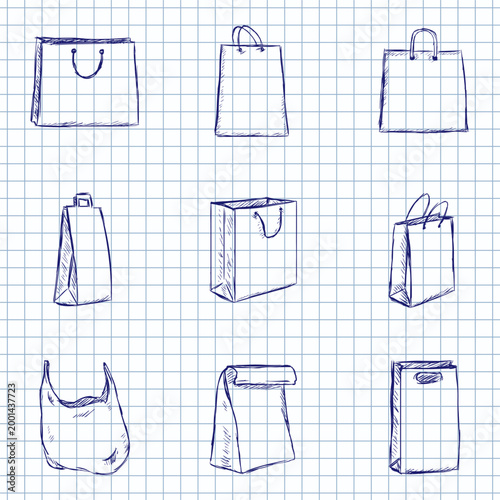 Blue Ink Sketch Set of Shopping Bags Icons