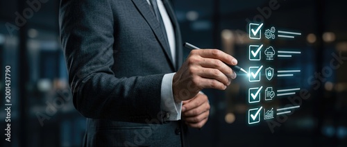 Business strategy planning corporate office digital checklist professional environment close-up view goal setting and achievement