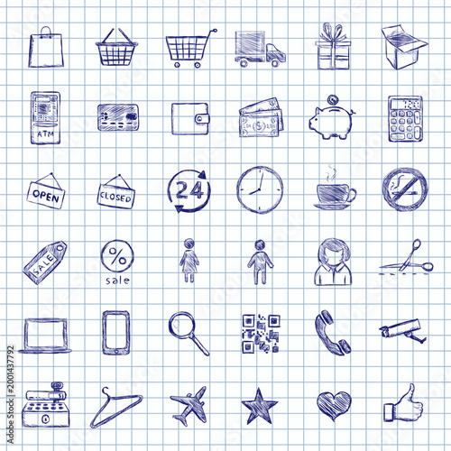 Blue Ink Sketch Set of Shopping Icons