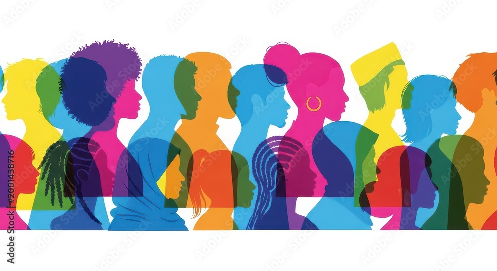 Fototapeta premium Colorful silhouette profiles of diverse people represent community and social inclusion.