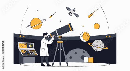Scientist Observing Celestial Bodies Through a Powerful Telescope.