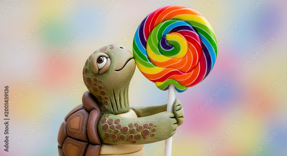 Fototapeta premium A cute small turtle figurine holding a large colorful rainbow lollipop.