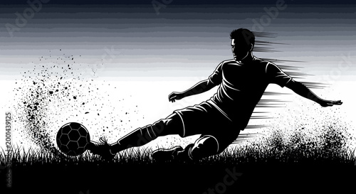 Dynamic Silhouette of Soccer Player Kicking Ball with Power and Motion Blur on Dark Abstract Background