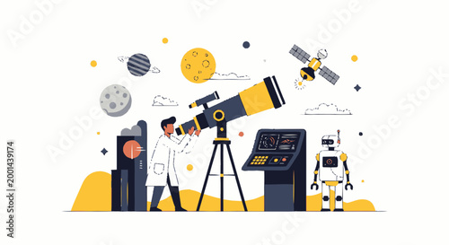 Observing the Cosmos - Scientist Using Telescope for Space Exploration.