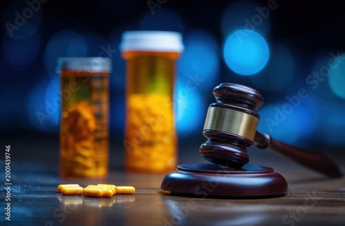 Legal gavel, pills, and prescription bottles on wooden table with blurred background