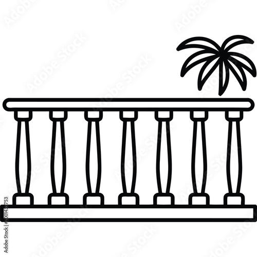 Black line drawing of a tropical balcony with palm tree