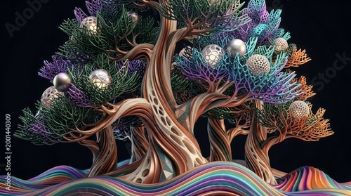Colorful Abstract Trees with Decorative Elements Trees Colorful Decorative Artistic Nature 3D Rendering Vibrant Colors. Concept featuring trees, colorful, decorative, artistic, nature for professio...