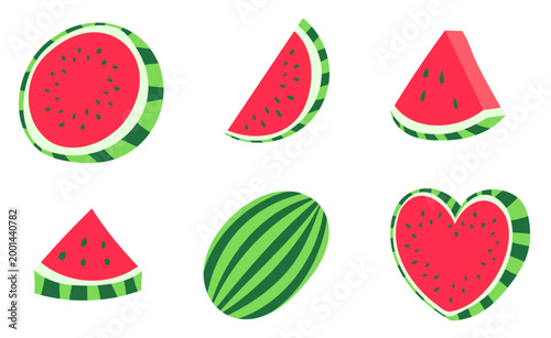 Playful watermelon vector set including whole fruit, round cuts, triangle wedges and heart shaped slices. Bright juicy summer food isolated collection.