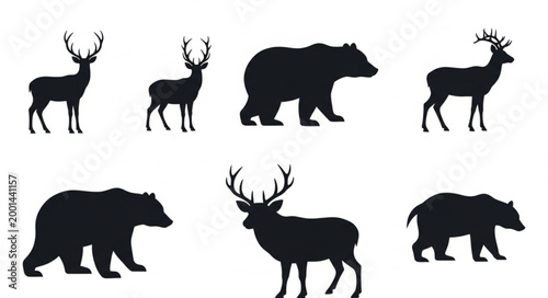 Collection of black silhouettes of deer and bears on white background.