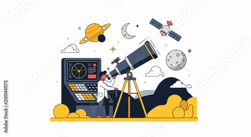 Observing the Cosmos - A Detailed Illustration of Astronomy and Space Exploration.