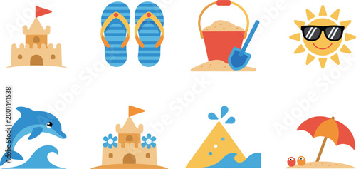 Beach summer icons set, seaside vacation collection with sandcastle flip flops sun dolphin and umbrella