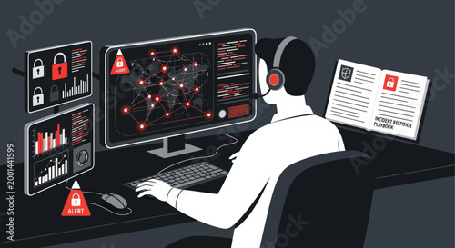 Cyber attack, hacker, security breach, computer threat, online danger, alarm, alert, vector illustration