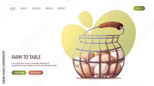 Web page design with basket of eggs. Farming, farm market concept. Vector illustration for website, banner. 