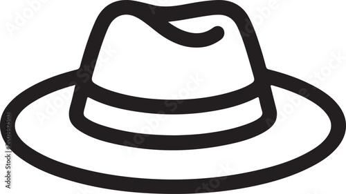 Simple black and white line art icon of a classic fedora hat