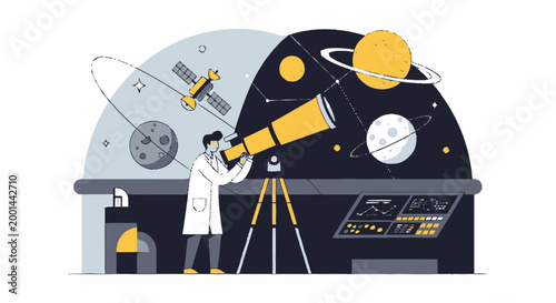 Scientist Observing Celestial Objects Through Telescope in Observatory.