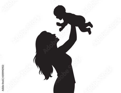 Joyful mother and baby silhouette, a loving parent holding an infant in the air, celebrating family love and maternal bond, black vector illustration for parenting and childcare designs.