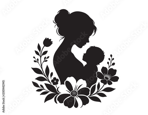 Mother and baby silhouette, tender maternal embrace, black vector illustration, floral frame, motherhood love, family bond graphic