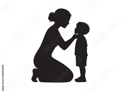 Caring mother and child silhouette, black vector illustration. Loving parent comforting young son, family bond graphic, maternal care concept for parenting resources.