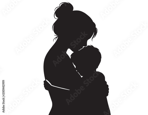 Tender mother and child silhouette, loving embrace, maternal bond, black vector graphic for family themes and parenting designs