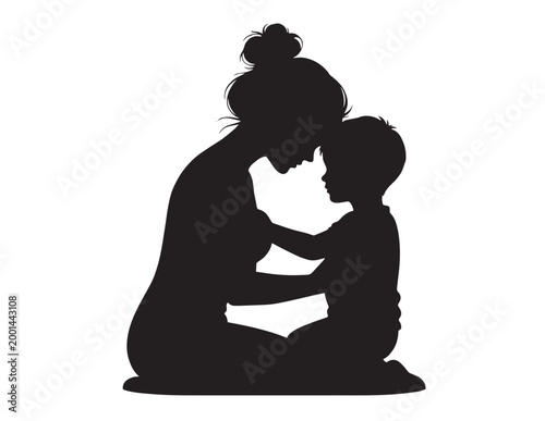 Tender mother and child silhouette, black vector graphic. Emotional bond, maternal love, and family connection illustration for parenting, childcare, and relationship themes.